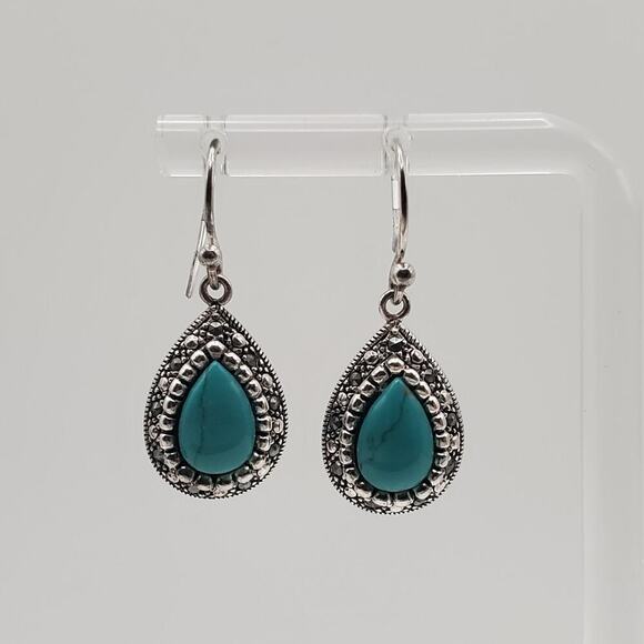 SLC Jewelry - SLC 925 Vintage Sterling Silver Marcasite Turquoise Dangle Earrings Teardrop
